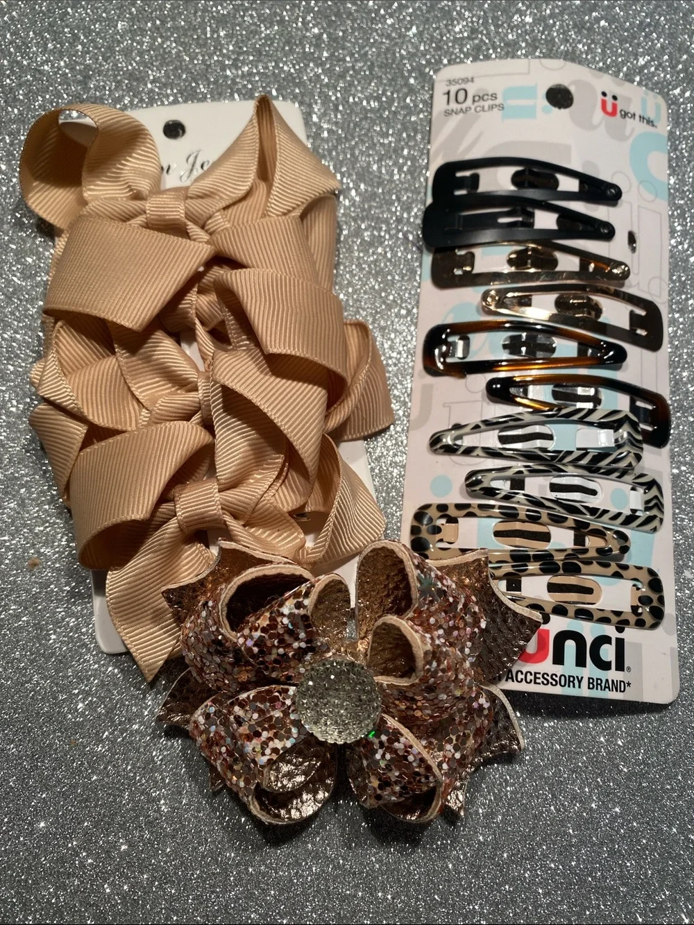 Kids Beige Bow & Glitter Flower Hair Clip Set